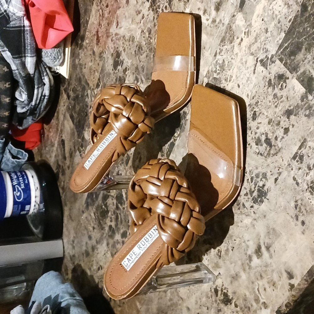 Cape Robbin Women's Square Toe, Braided Sandals w/Clear Heels. Size 6.5